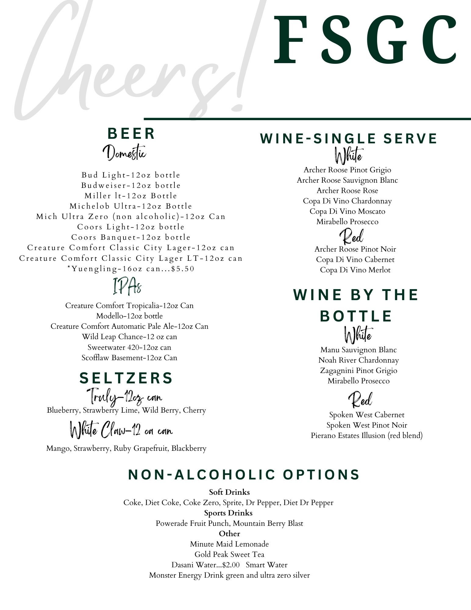 Drink Menu without pricing
